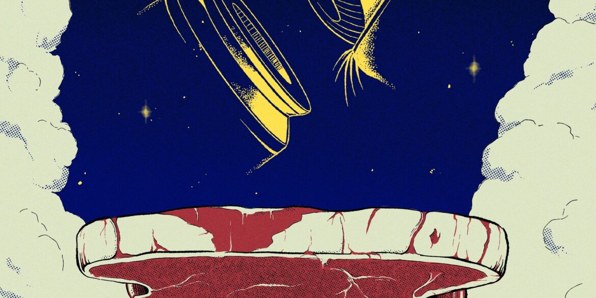 Die Illustration zeigt ein Steak im Himmel schwebend, mit Wolken links und rechts und darüber ein Auge an einem Mikroskop. Illustration: Philipp Beck