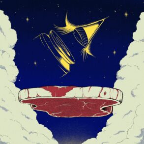 Die Illustration zeigt ein Steak im Himmel schwebend, mit Wolken links und rechts und darüber ein Auge an einem Mikroskop. Illustration: Philipp Beck