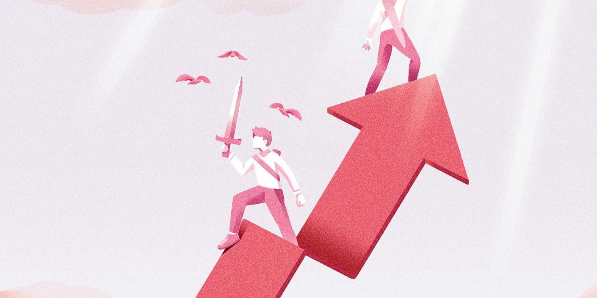 Zwei Personen mit Schwert auf einem Pfeil