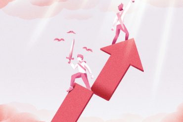 Zwei Personen mit Schwert auf einem Pfeil