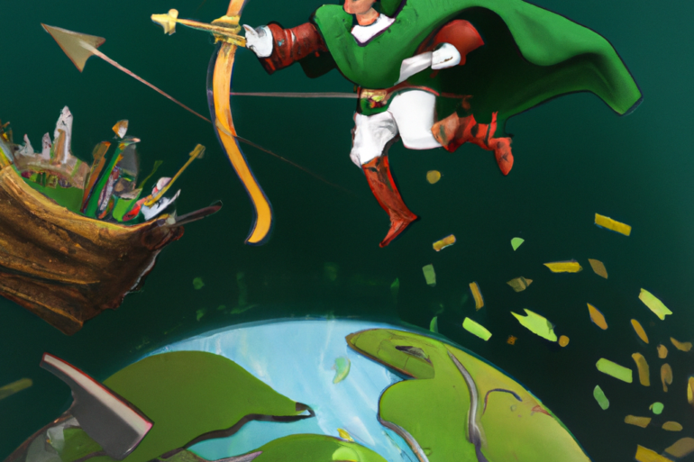 Robin Hood fliegt zur Erde. Visual Art mit Dall-E.
