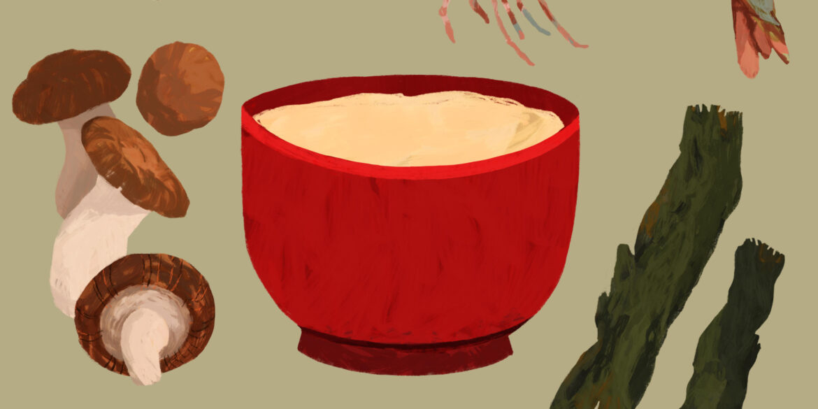 Die Illustration zeigt Fisch, Hummer, Knoblauch, Pilze und Seealgen. Illustration von Lisa Oki