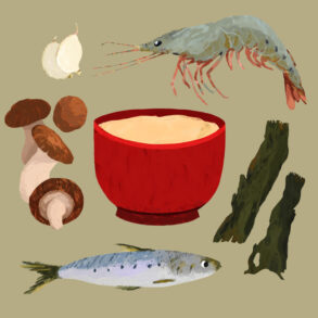 Die Illustration zeigt Fisch, Hummer, Knoblauch, Pilze und Seealgen. Illustration von Lisa Oki