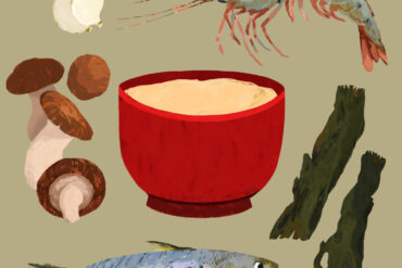 Die Illustration zeigt Fisch, Hummer, Knoblauch, Pilze und Seealgen. Illustration von Lisa Oki