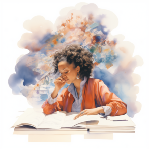 Eine Frau sitzt an einem Tisch mit Papier und Stift mit bunten Wolken um ihren Kopf herum. Bild: Midjourney