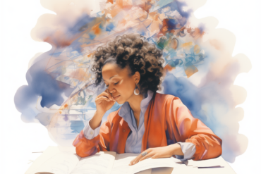 Eine Frau sitzt an einem Tisch mit Papier und Stift mit bunten Wolken um ihren Kopf herum. Bild: Midjourney