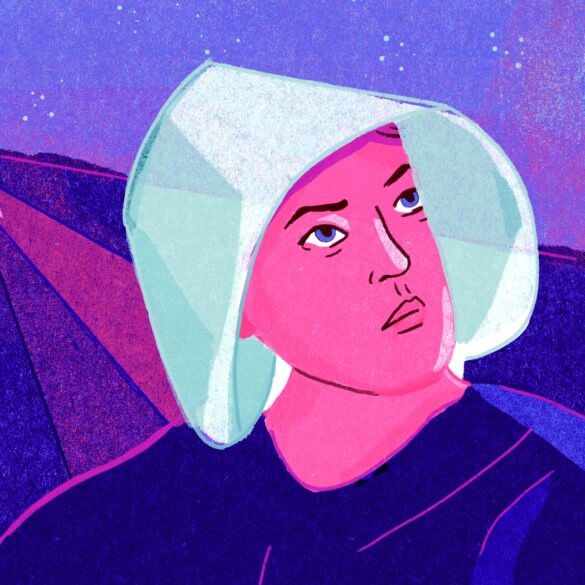 Die Illustration zeigt eine Frau mit einer hellblauen Haube auf dem Kopf. Im Hintergrund sind Felder, darüber ein Nachthimmel mit Sternen.