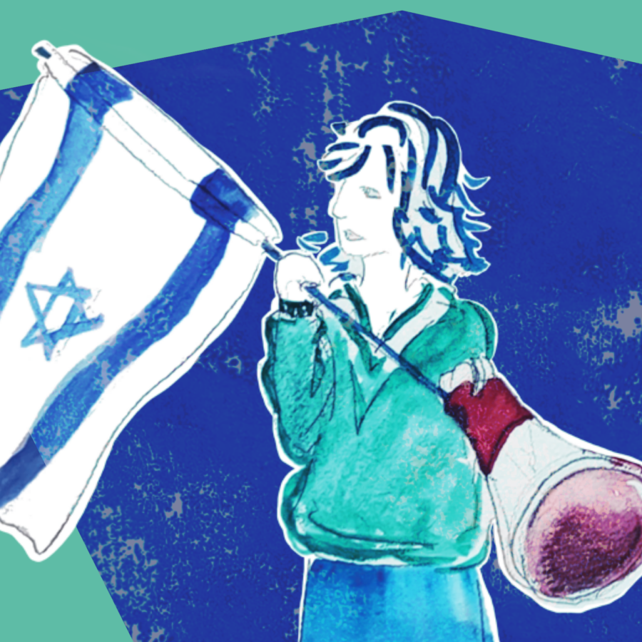 Zeichnung einer Person mit israelischer Fahne und Megafon in den Händen.