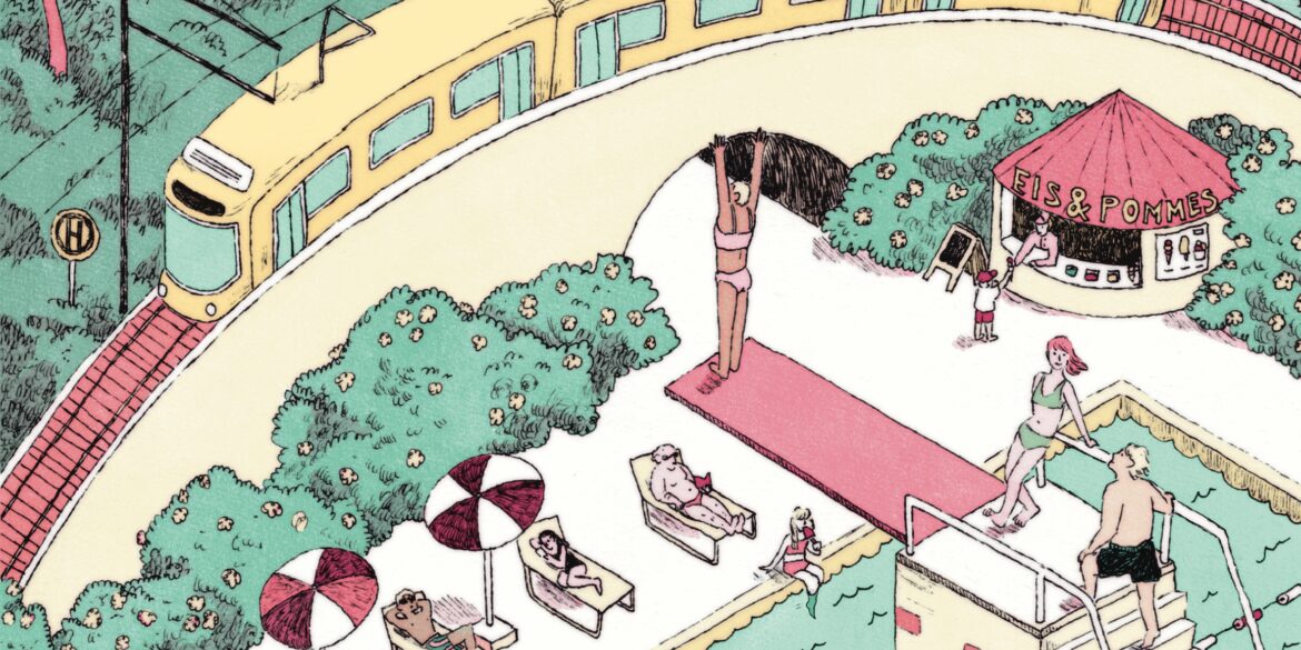Das Bild zeigt im Vordergrund ein Freibad, an dem eine S-Bahn vorbeifährt. Dahinter steht eine Person auf dem Balkon ihres großen Gebäudes. Illustration: Simone Goder
