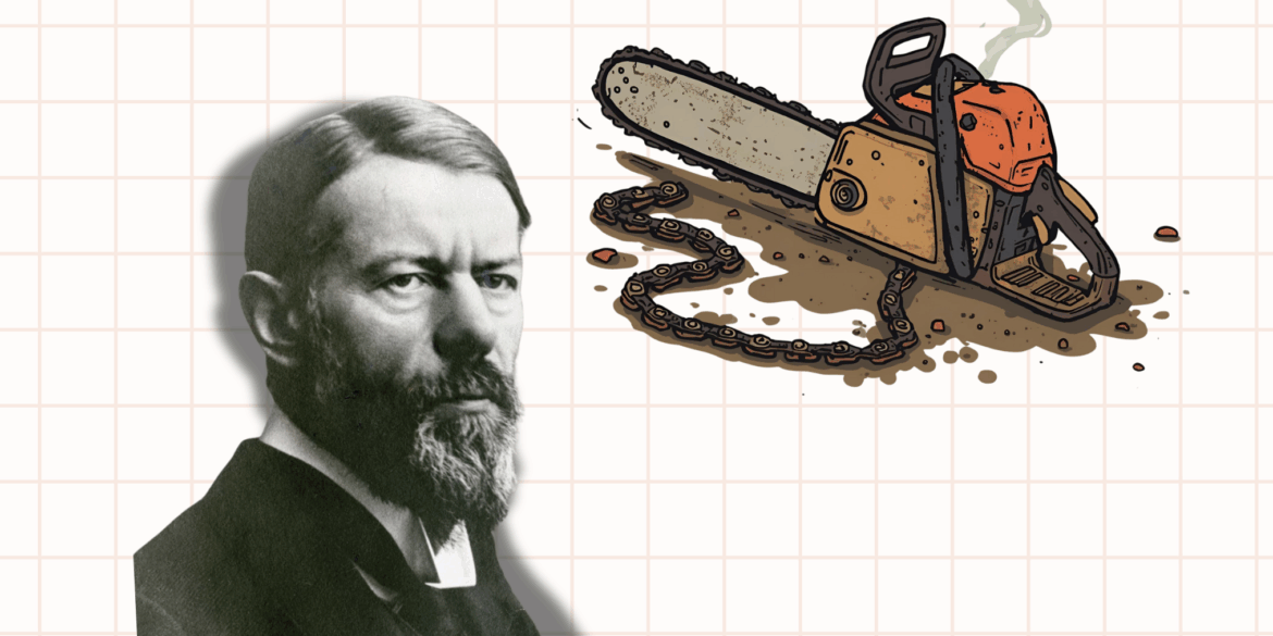 Die Illustration zeigt auf Karopapier ein Bild von Max Weber und eine Kettensäge, bei der die Kette abgesprungen ist und die qualmt
