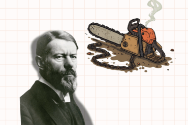 Die Illustration zeigt auf Karopapier ein Bild von Max Weber und eine Kettensäge, bei der die Kette abgesprungen ist und die qualmt