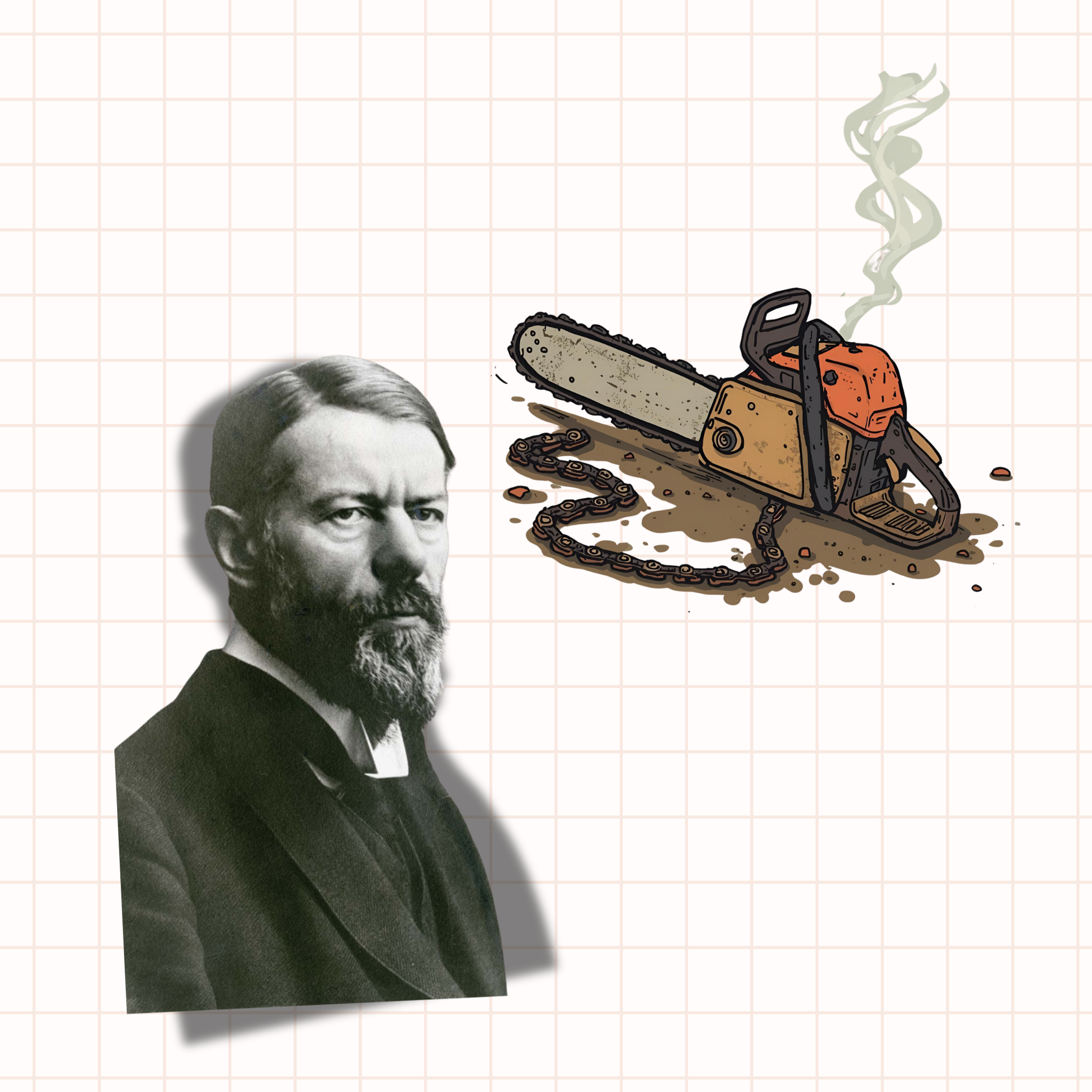 Die Illustration zeigt auf Karopapier ein Bild von Max Weber und eine Kettensäge, bei der die Kette abgesprungen ist und die qualmt