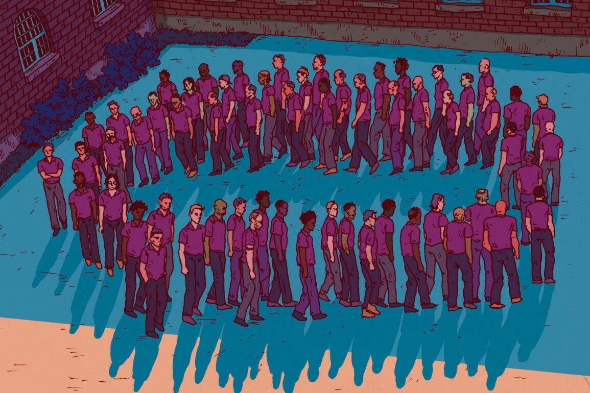 Illustration von Gefangenen, die im Kreis gehen. Illustratorin: Luise Mirdita