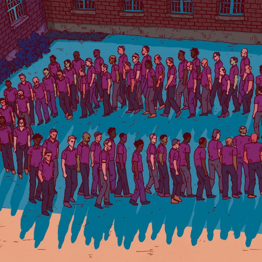 Illustration von Gefangenen, die im Kreis gehen. Illustratorin: Luise Mirdita