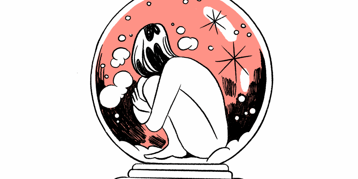 Person in einer Schneekugel. Illustration: Eva Feuchter