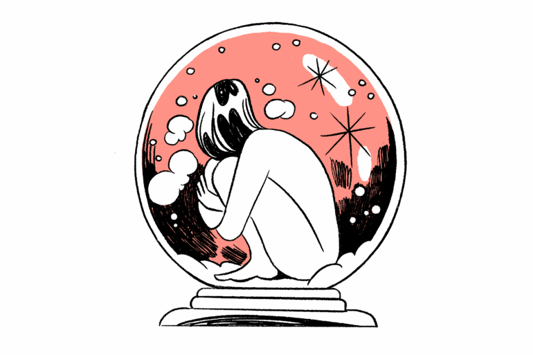 Person in einer Schneekugel. Illustration: Eva Feuchter