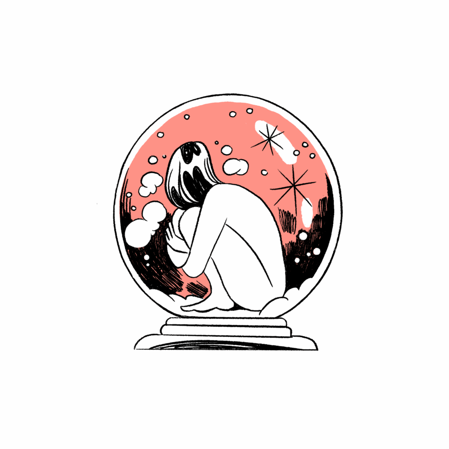 Person in einer Schneekugel. Illustration: Eva Feuchter