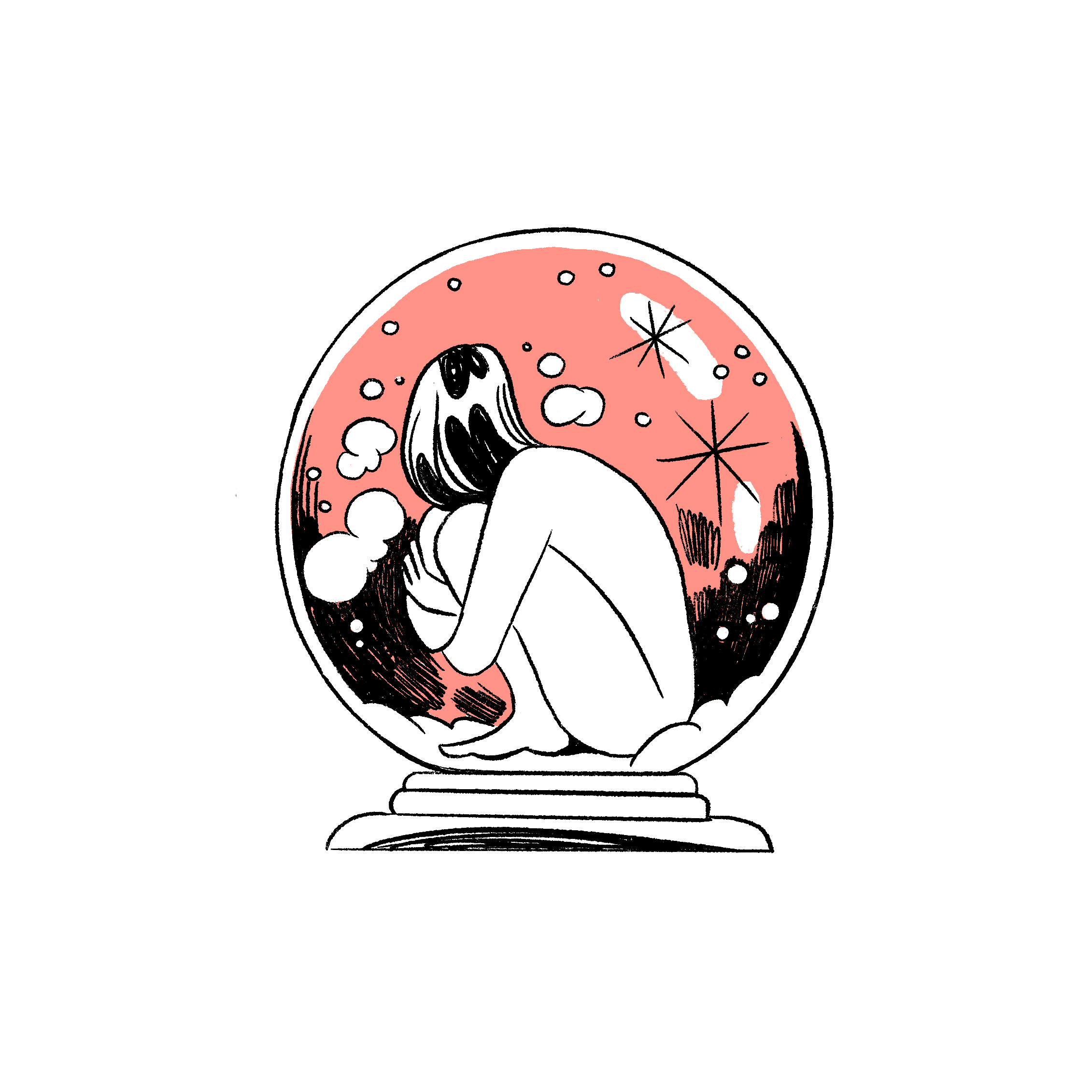 Person in einer Schneekugel. Illustration: Eva Feuchter