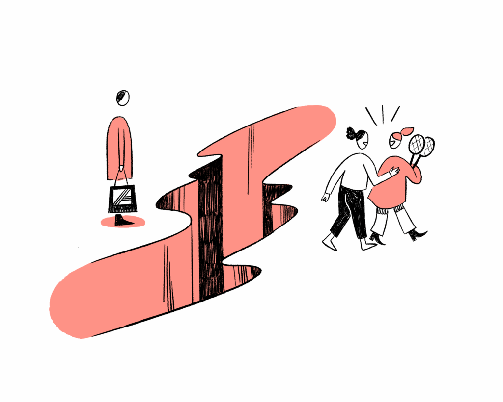 Zwei Personen mit Tennisschlägern rechts einer Pfütze, links eine ohne Tennisschläger, die traurig guckt. Illustration: Eva Feuchter