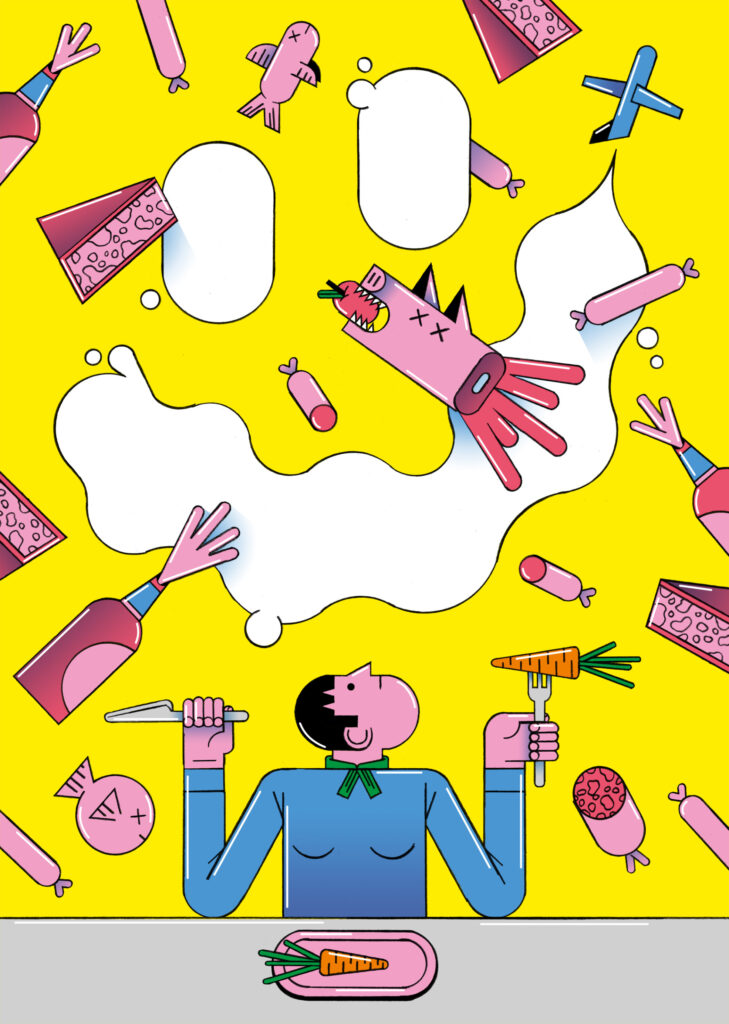 Illustration einer Person, am Esstisch. Auf dem Teller liegt eine Karotte. Die Person sieht traurig in die Luft über sich. Dort schweben Lebensmittel wie Champagner, Wurst und Fleisch. Illustration: Moritz Wienert