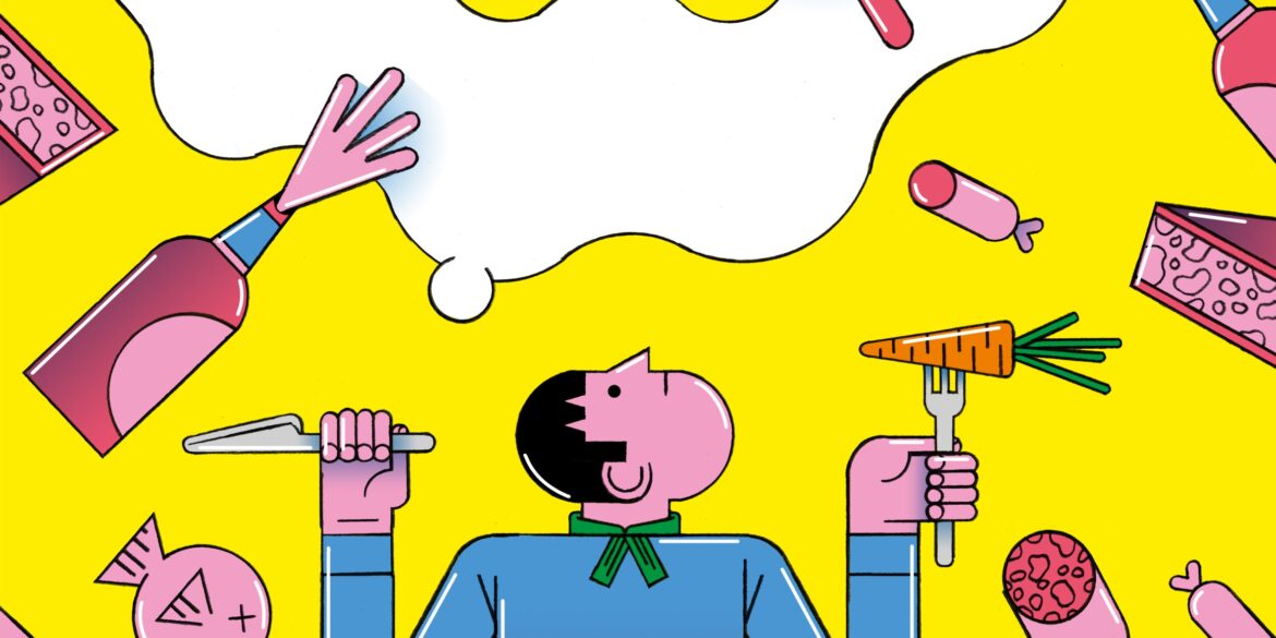 Illustration einer Person, am Esstisch. Auf dem Teller liegt eine Karotte. Die Person sieht traurig in die Luft über sich. Dort schweben Lebensmittel wie Champagner, Wurst und Fleisch. Illustration: Moritz Wienert
