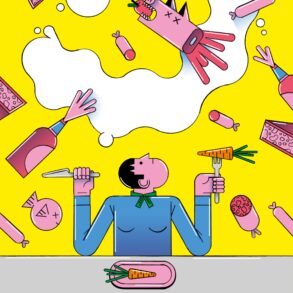 Illustration einer Person, am Esstisch. Auf dem Teller liegt eine Karotte. Die Person sieht traurig in die Luft über sich. Dort schweben Lebensmittel wie Champagner, Wurst und Fleisch. Illustration: Moritz Wienert