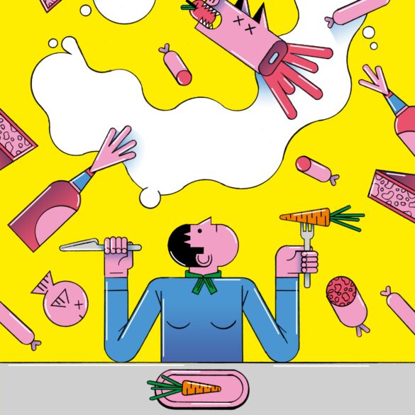 Illustration einer Person, am Esstisch. Auf dem Teller liegt eine Karotte. Die Person sieht traurig in die Luft über sich. Dort schweben Lebensmittel wie Champagner, Wurst und Fleisch. Illustration: Moritz Wienert