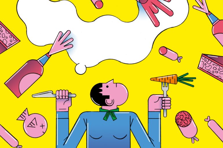 Illustration einer Person, am Esstisch. Auf dem Teller liegt eine Karotte. Die Person sieht traurig in die Luft über sich. Dort schweben Lebensmittel wie Champagner, Wurst und Fleisch. Illustration: Moritz Wienert