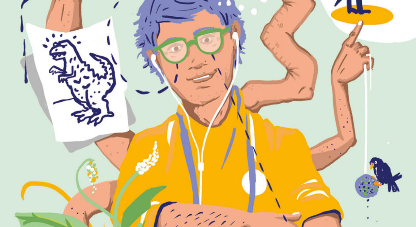 Die Illustration zeigt eine Person, die mit mehreren Armen und Händen viele Dinge gleichzeitig tut. Illustration von Tilmann Waldvogel