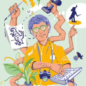 Die Illustration zeigt eine Person, die mit mehreren Armen und Händen viele Dinge gleichzeitig tut. Illustration von Tilmann Waldvogel