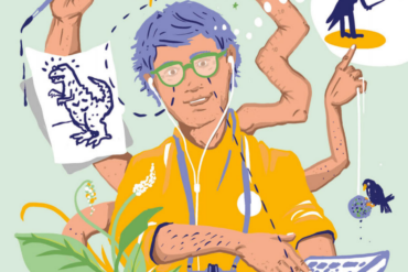 Die Illustration zeigt eine Person, die mit mehreren Armen und Händen viele Dinge gleichzeitig tut. Illustration von Tilmann Waldvogel