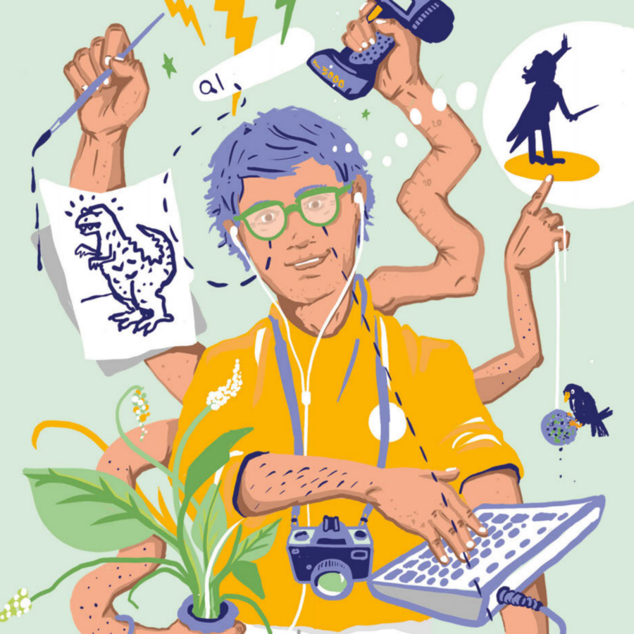 Die Illustration zeigt eine Person, die mit mehreren Armen und Händen viele Dinge gleichzeitig tut. Illustration von Tilmann Waldvogel