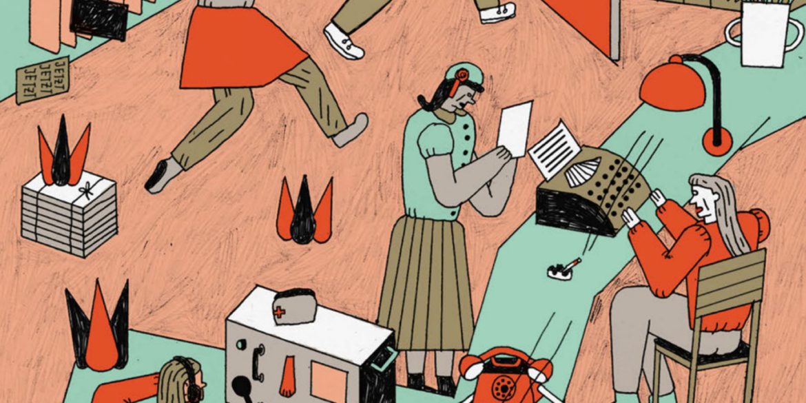 Die Illustration zeigt Frauen, die mit Funk, Megafon und Flugblättern politischen Widerstand organisieren. Illustration von Sina Schlerf