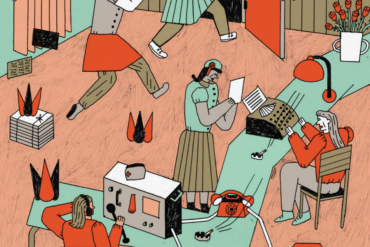 Die Illustration zeigt Frauen, die mit Funk, Megafon und Flugblättern politischen Widerstand organisieren. Illustration von Sina Schlerf