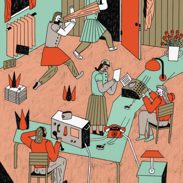 Die Illustration zeigt Frauen, die mit Funk, Megafon und Flugblättern politischen Widerstand organisieren. Illustration von Sina Schlerf