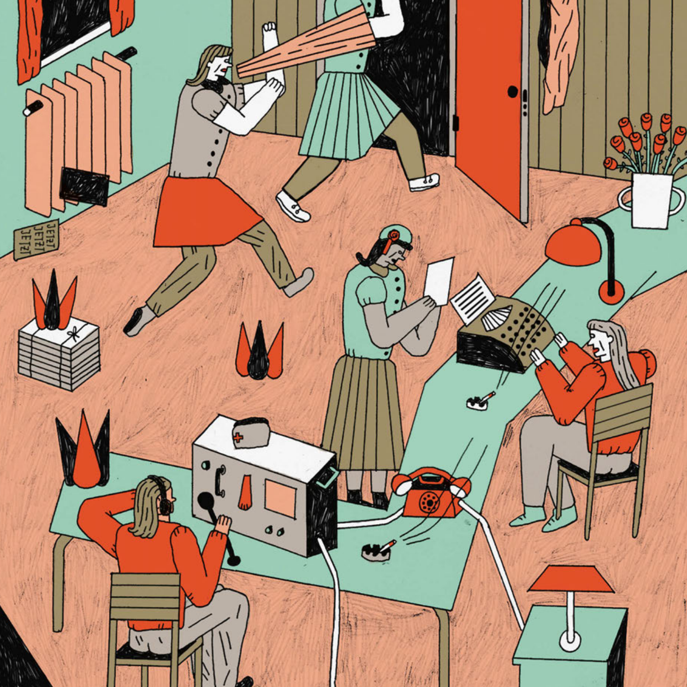 Die Illustration zeigt Frauen, die mit Funk, Megafon und Flugblättern politischen Widerstand organisieren. Illustration von Sina Schlerf