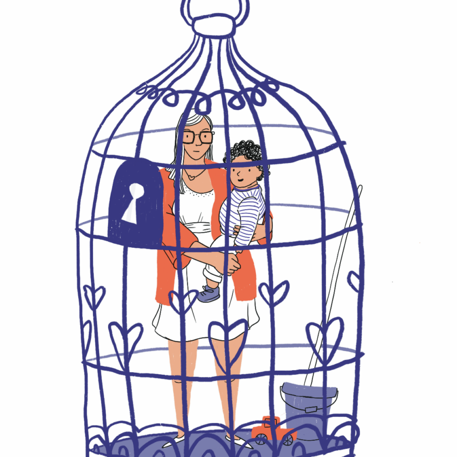 Das Bild zeigt eine Frau mit einem Baby auf dem Arm in einem Vogelkäfig.